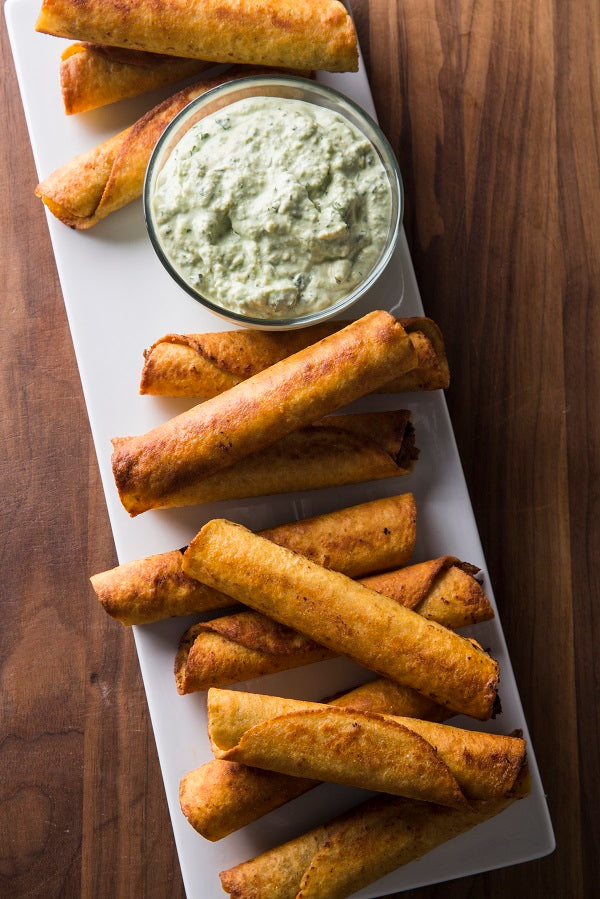 Beef and Bean Taquitos with Avocado Sauce