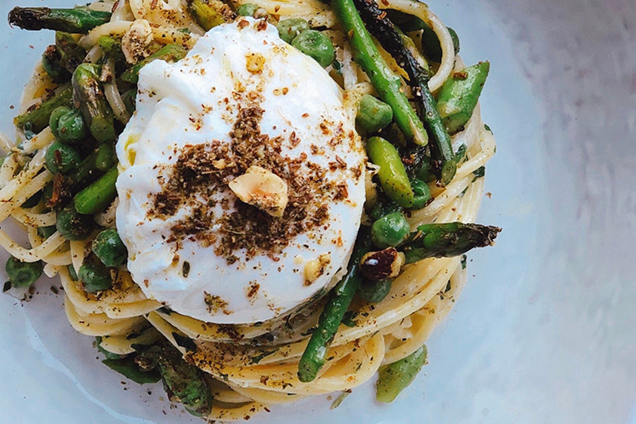 Spring Spaghetti with Dukkah Creme Fraiche