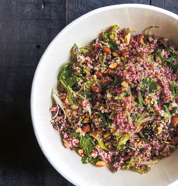 Raw "Couscous" Cauliflower with Almonds, Dried Cherries, and Sumac