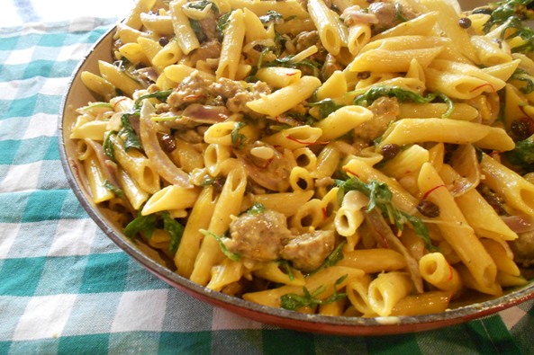 Saffron Penne With Sausage and Arugula